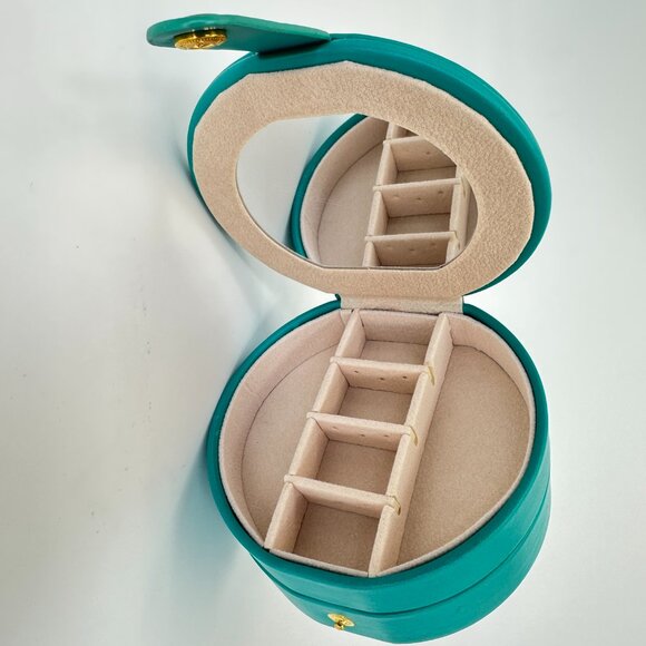 NEW Turquoise Round Travel Jewelry Box Organizer w/ Mirror & Snap Closure - Picture 6 of 7
